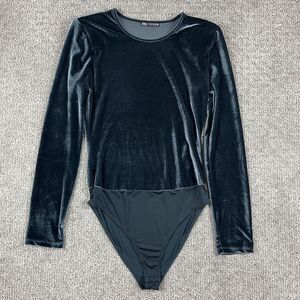Zara Bodysuit Womens Medium Blue Velvet Long Sleeve Crewneck Trendy Stretchy